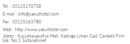 Sultanahmet Yakut Hotel telefon numaralar, faks, e-mail, posta adresi ve iletiim bilgileri